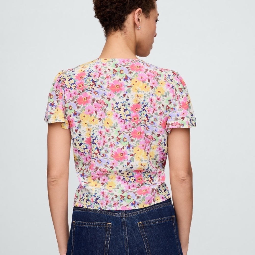 Gap Crepe Flutter-Sleeve Top Spring Multi Floral V Neck Short Sleeve Small Crop - Picture 2 of 13